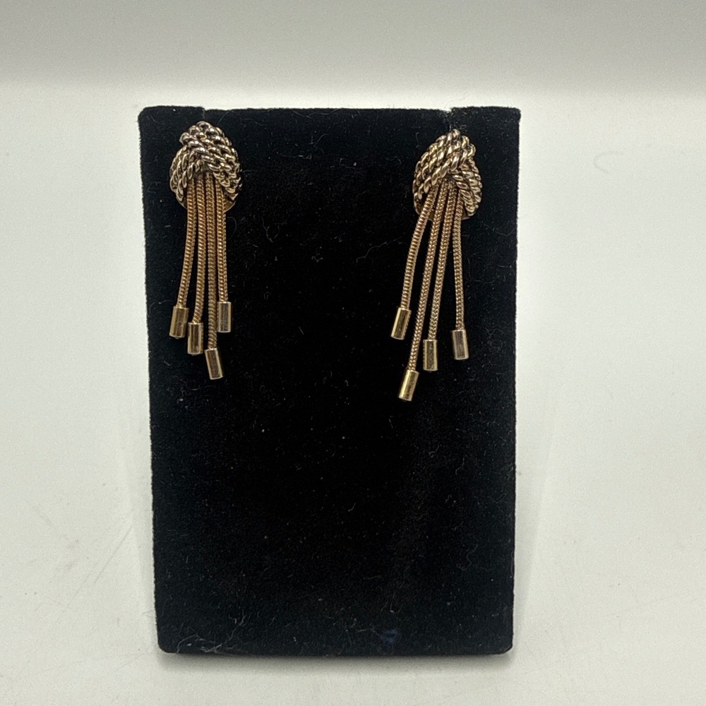 Vtg Napier Gold Tone Textured‎ Knot Tassel Drop Earrings Snake Chain Statement